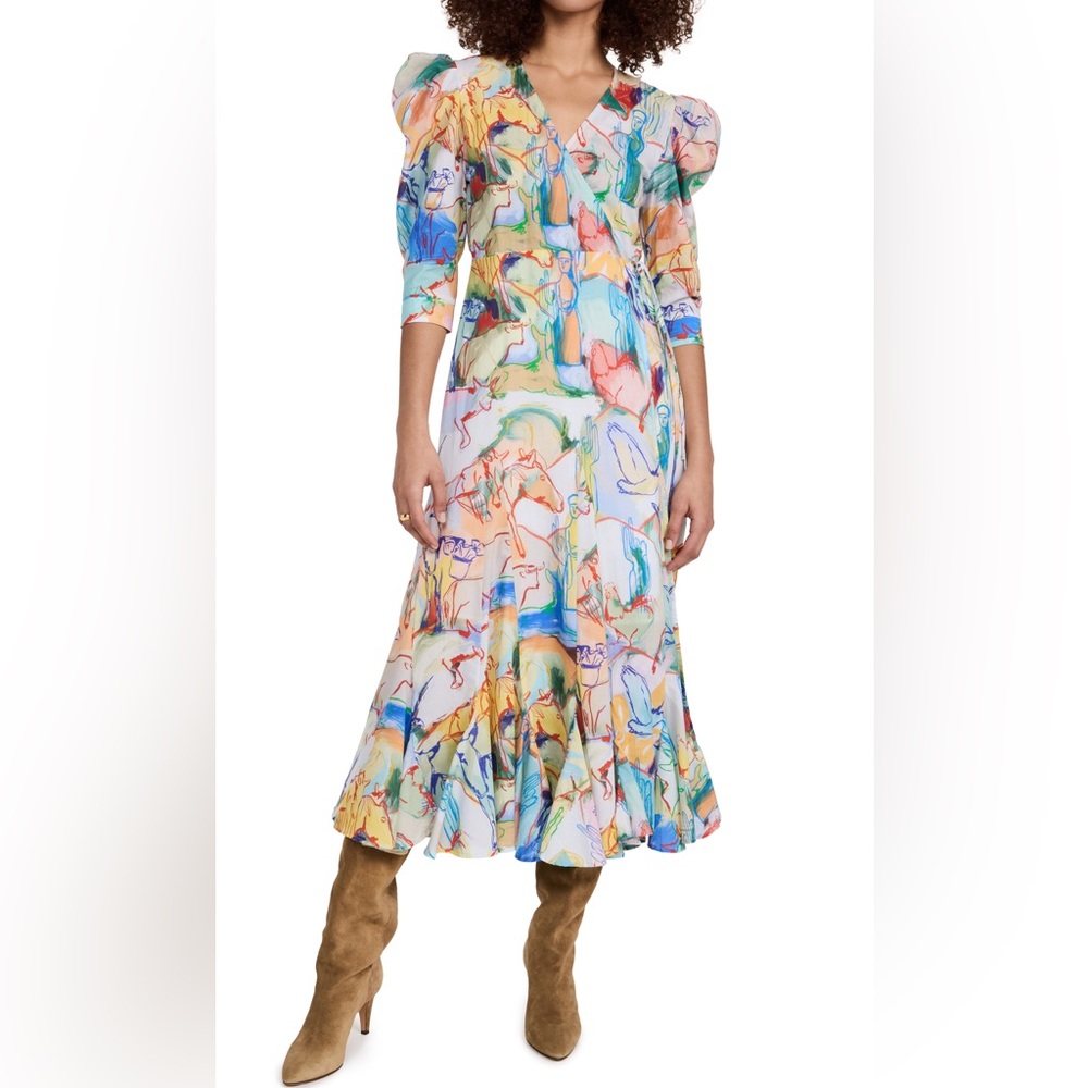 De Loreta Izula Midi Wrap Dress Mexico Lindo Print Puff Sleeve NWT